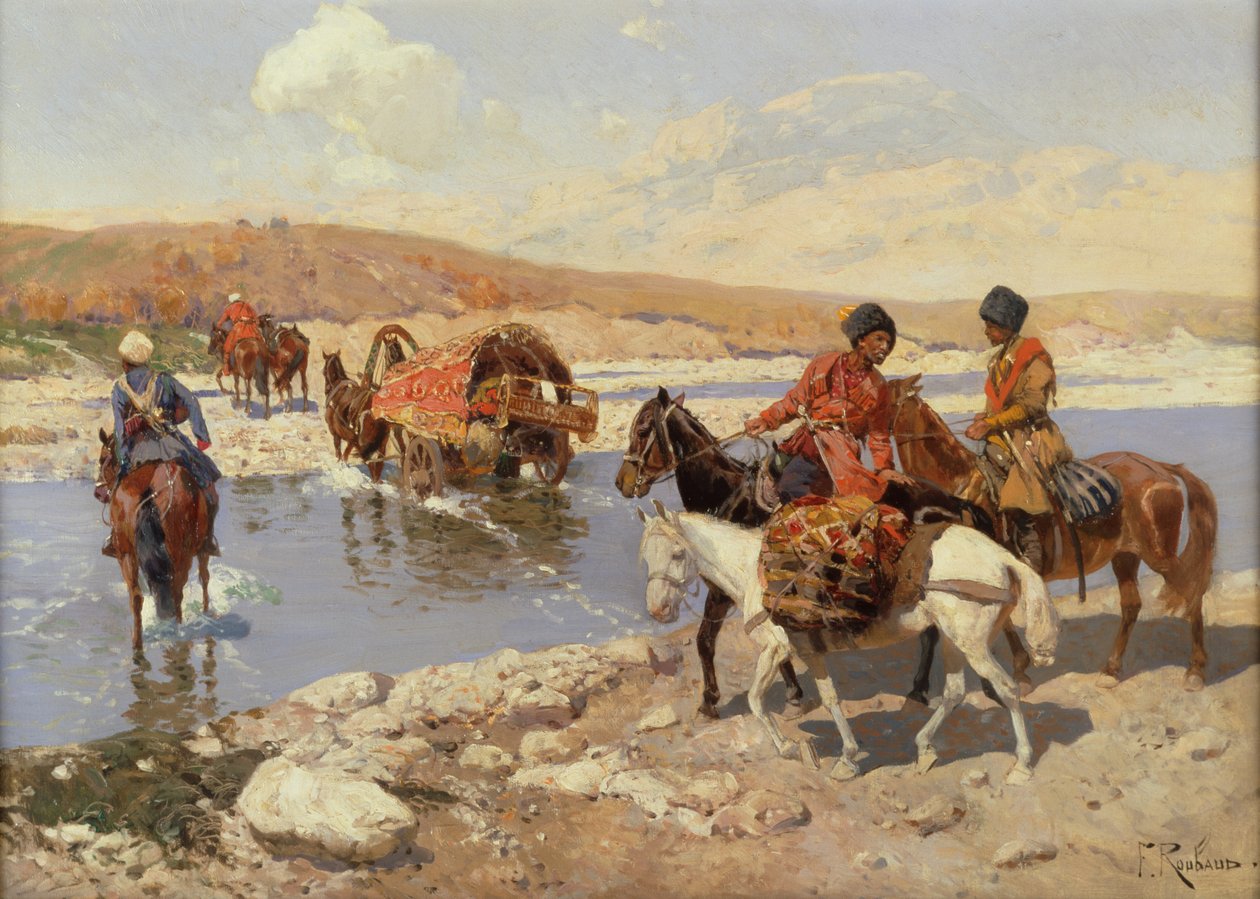 Crossing the River (olja på duk) av Franz Alekseevich Roubaud