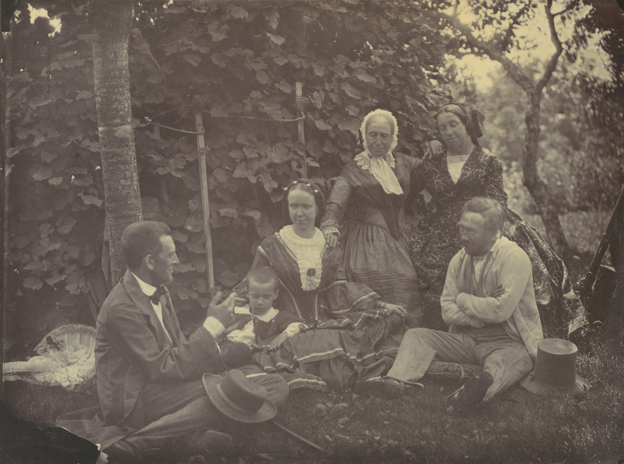 [Tre kvinnor, två män och ett barn på picknick], 1850-60-tal. av Franz Antoine