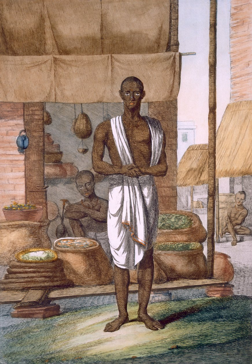 Livsmedelshandlare utanför sin butik med varor i säckar, från "The Hindus, or the Description of their Manners, Costumes and Ceremonies", ca 1808-12 (färgad etsning). av Franz Balthazar Solvyns