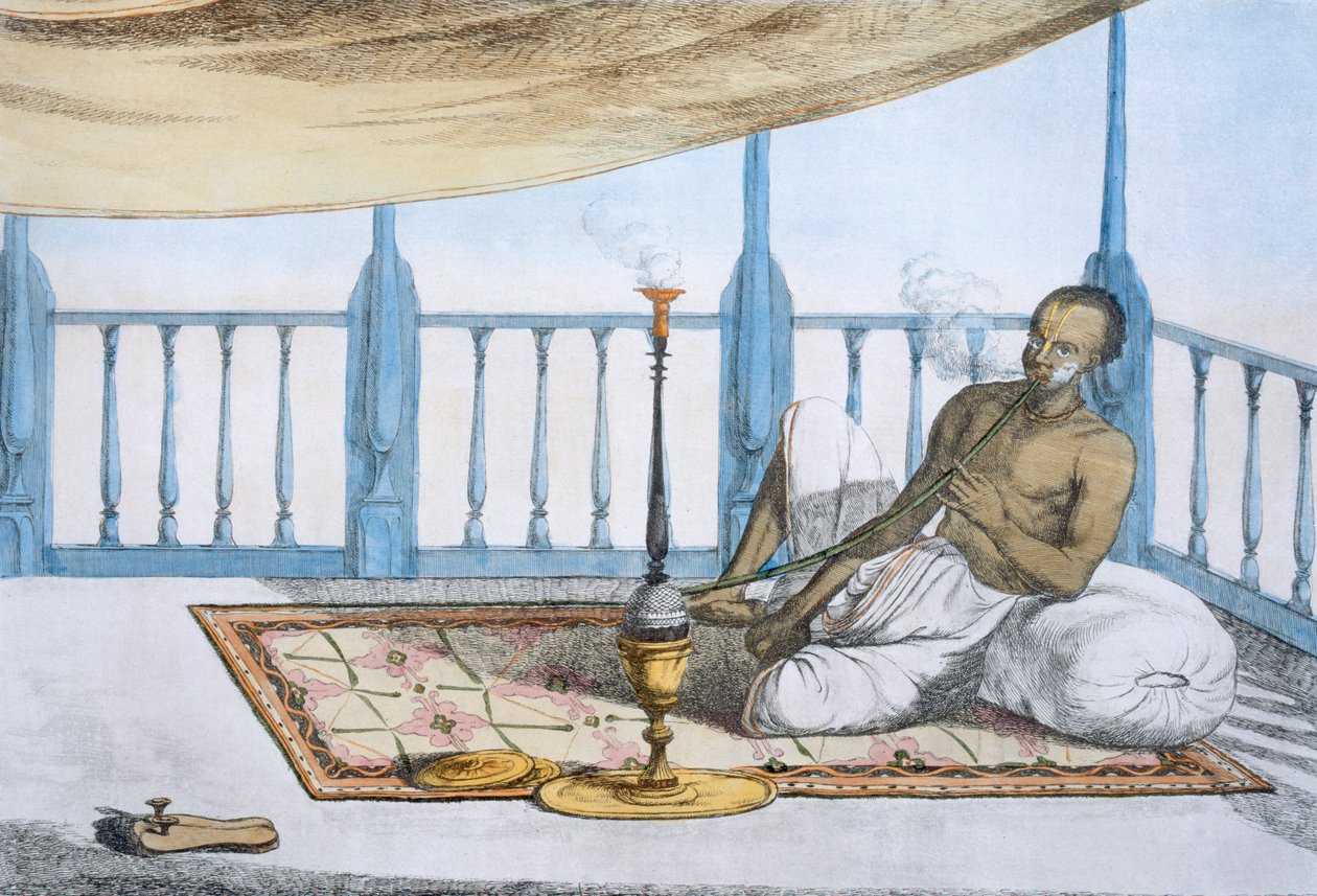 Man som röker en vattenpipa av hasch eller opium, från "The Hindus or the Description of their Mores, Customs and Ceremonies", pub. 1808-12 (färgad etsning) av Franz Balthazar Solvyns