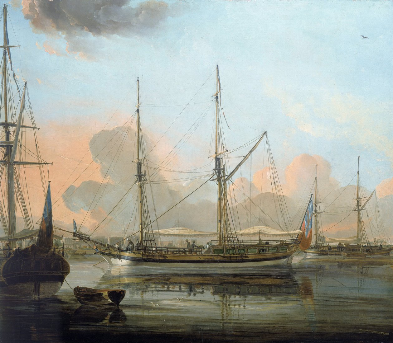 Fartyget "Charlotte" från Chittagong, Bangladesh, och andra fartyg, för ankar i Hugli River (Indien), i Calcutta. Olja på duk av Franz Balthazar Solvyns