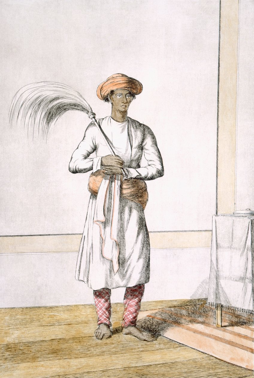 Whisk bärare, från "The Hindus, or the Description of their Manners, Costumes and Ceremonies", ca 1808-12 (färgad etsning) av Franz Balthazar Solvyns
