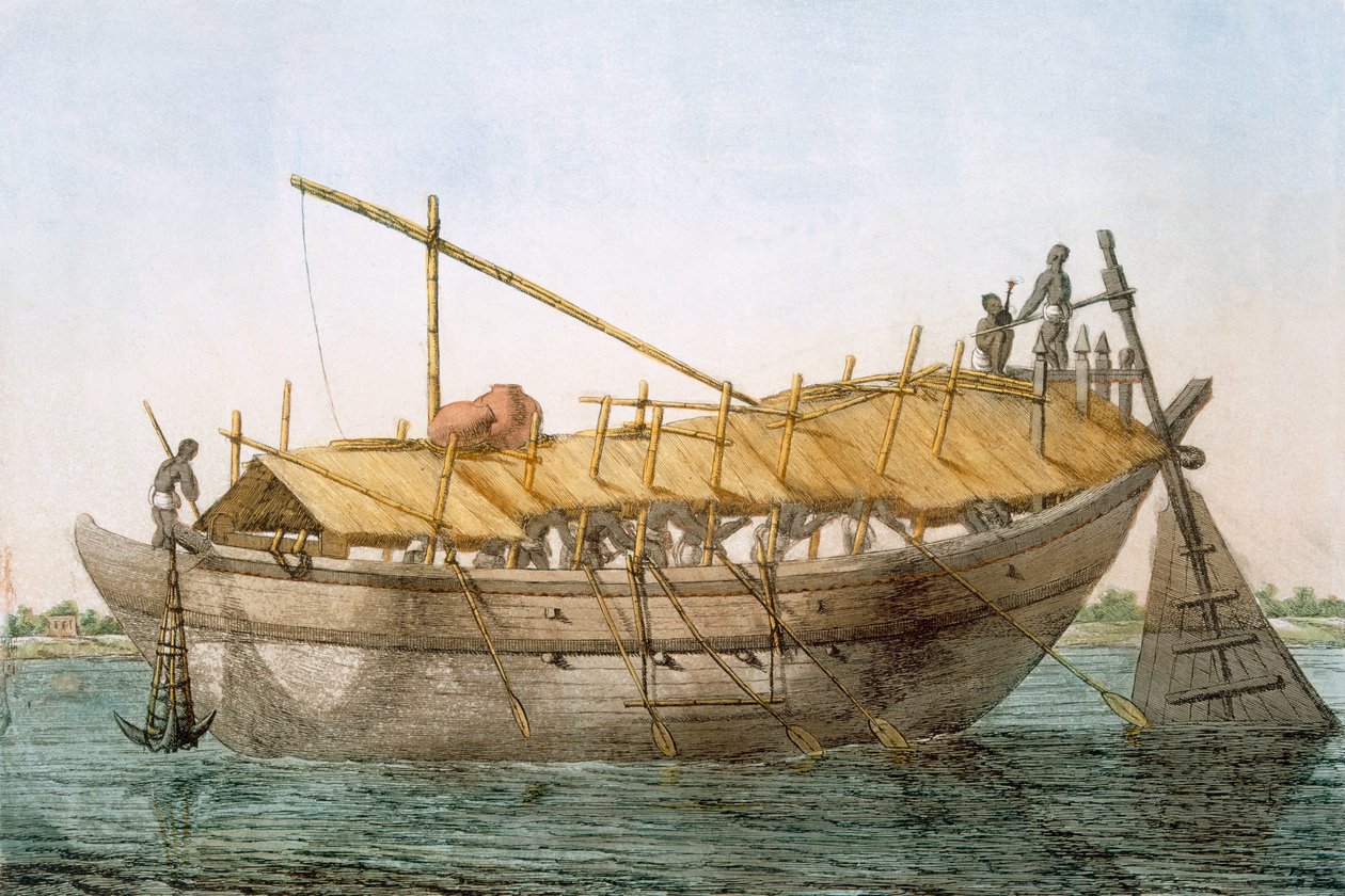 Wolack, flodbåt för transport av varor, från "The Hindus, or the Description of their Manners, Costumes and Ceremonies", ca 1808-12 (färgad etsning). av Franz Balthazar Solvyns