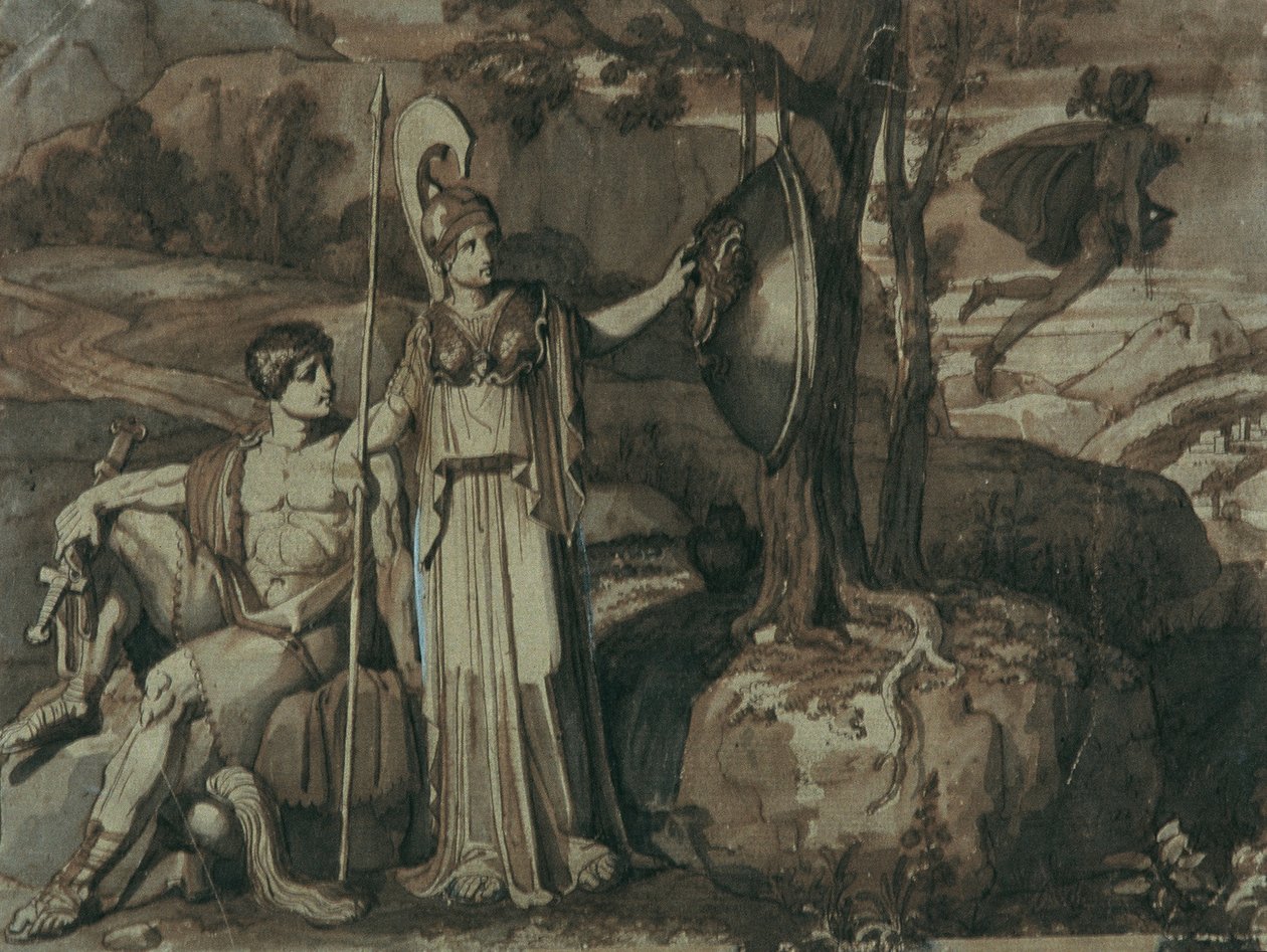 Scen från Perseus-legenden: Athena med Gorgonskölden av Franz Caucig