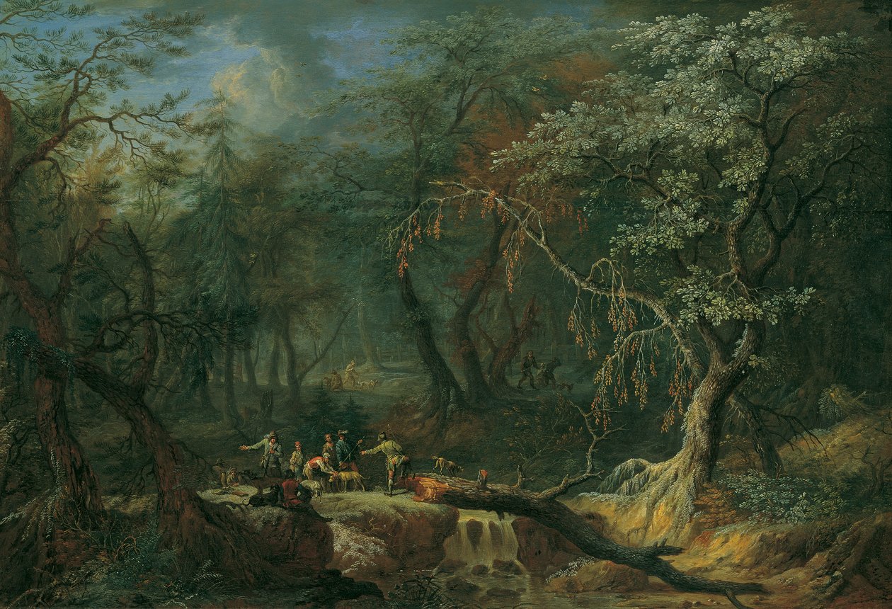 Skogslandskap med ett fallna träd och jägare av Franz Christoph Janneck