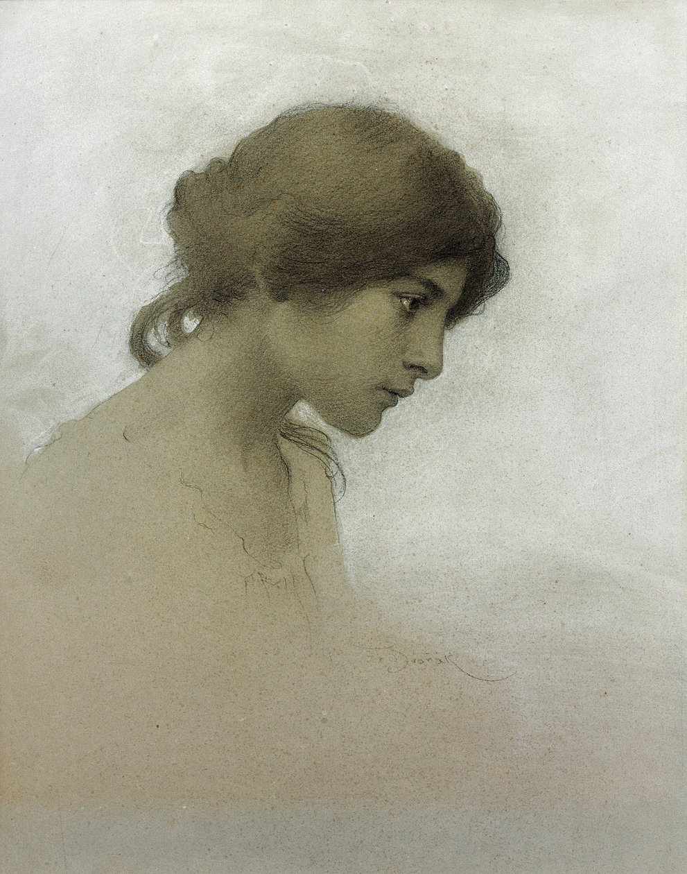 Head of a Girl (penna och krita på papper) av Franz Dvorak