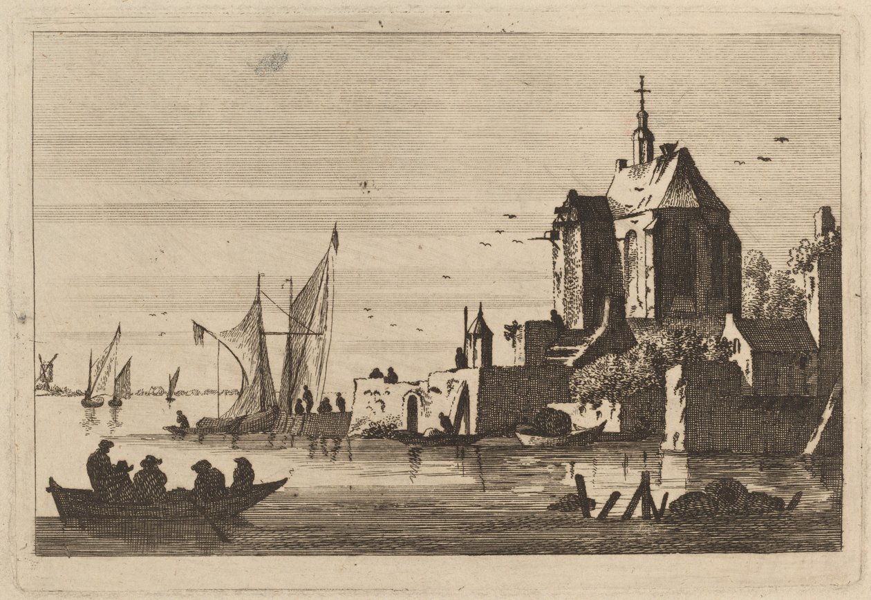 Kyrka i en inlopp med roddbåt i förgrunden av Franz Edmund Weirotter