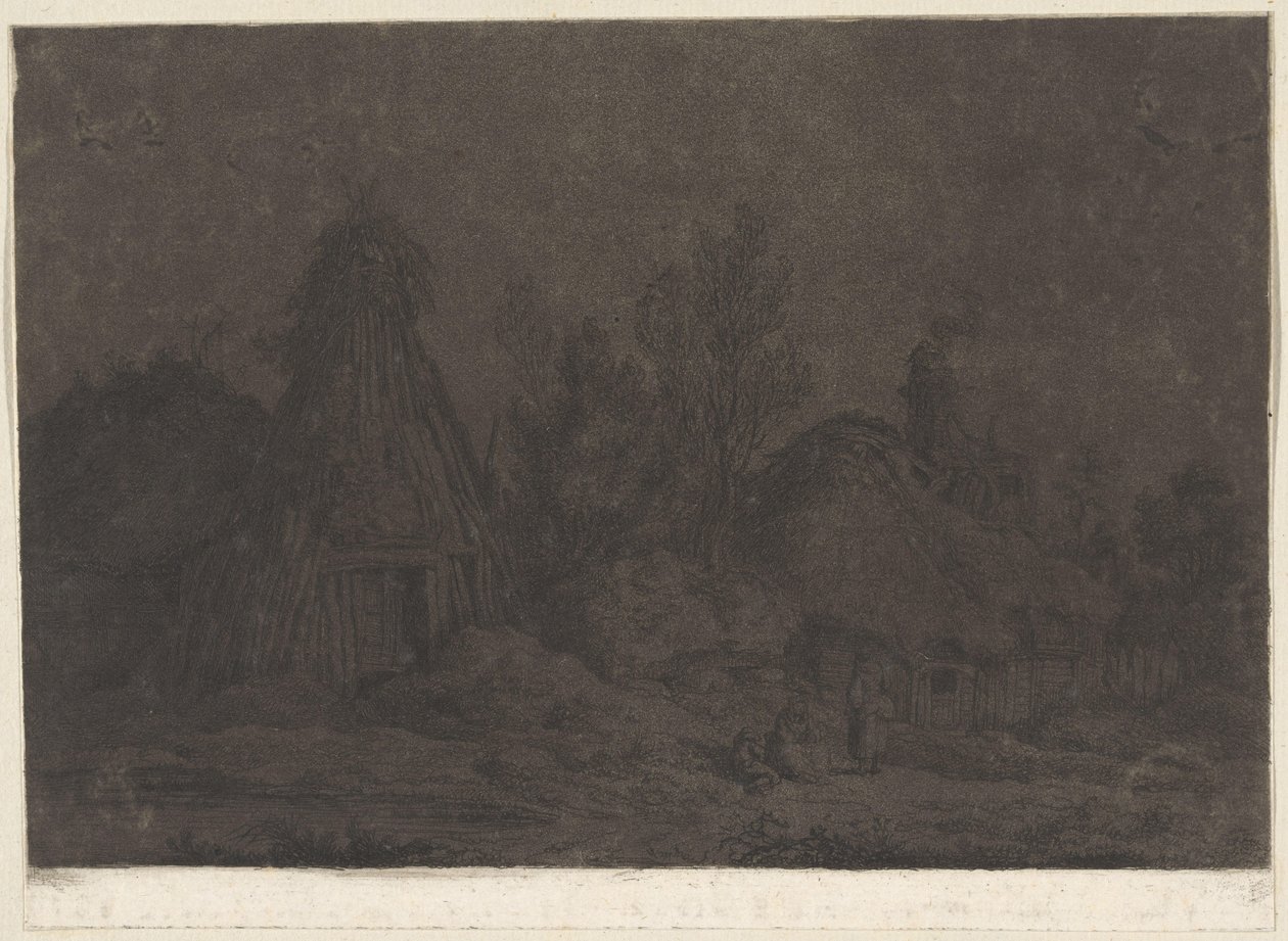 Månskensscen med figurer framför en koja XII Vues de la Normandie (serietitel) av Franz Edmund Weirotter