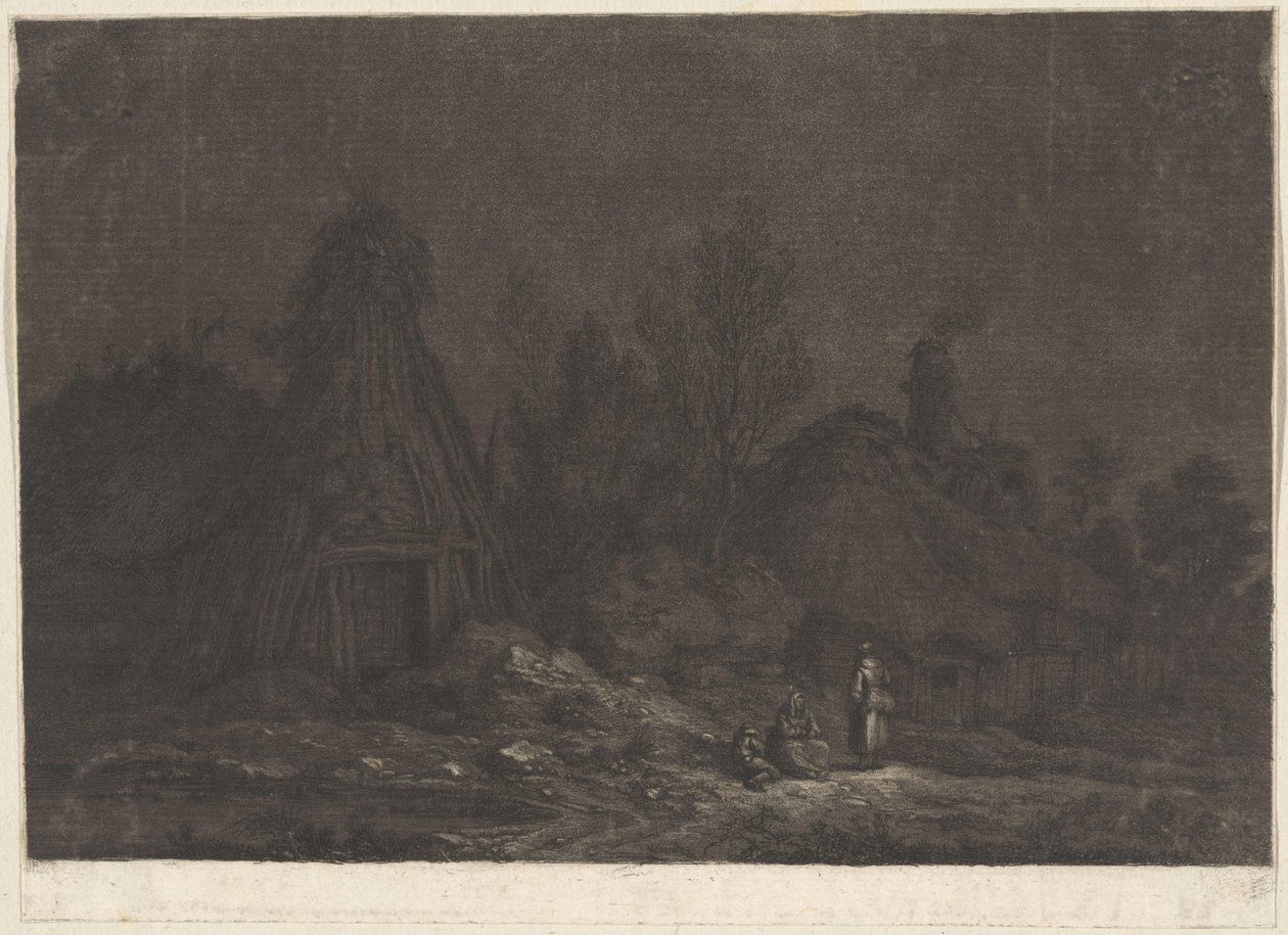 Månskensscen med figurer framför en koja XII Vues de la Normandie (serietitel) av Franz Edmund Weirotter