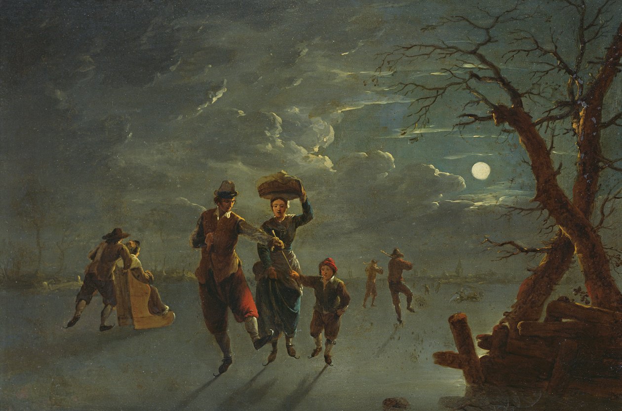 Skridskoåkning med månsken (olja på koppar) av Franz Ferg