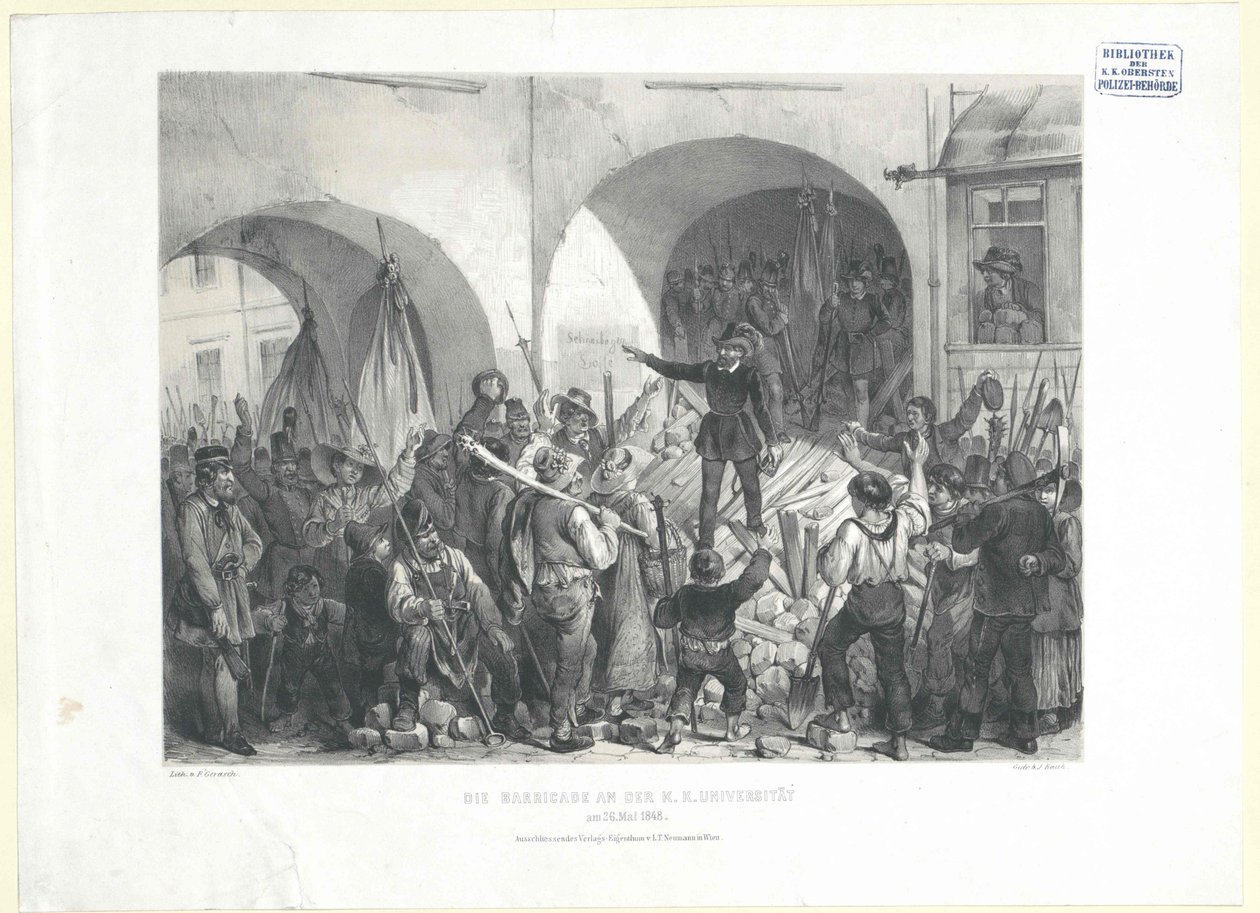 Barrikaden vid K. K. universitetet den 26. Maj 1848 (litografi) av Franz Gerasch