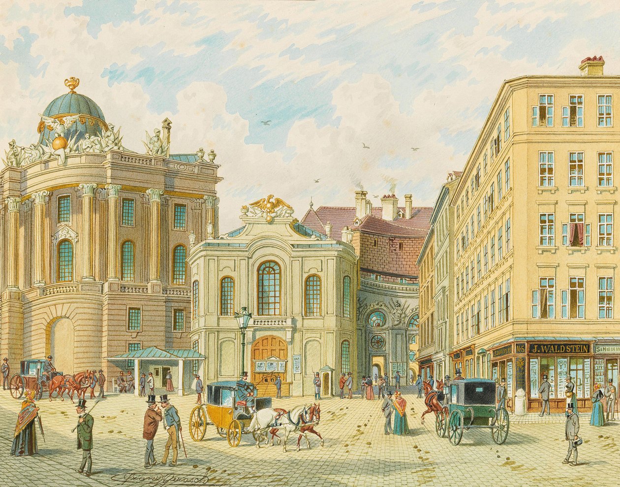 Den gamla Burgtheater i Wien - Franz Gerasch (1826-1906). Akvarell på papper, tidigt 1900-tal. Mått: 23x29 cm. Privat samling av Franz Gerasch
