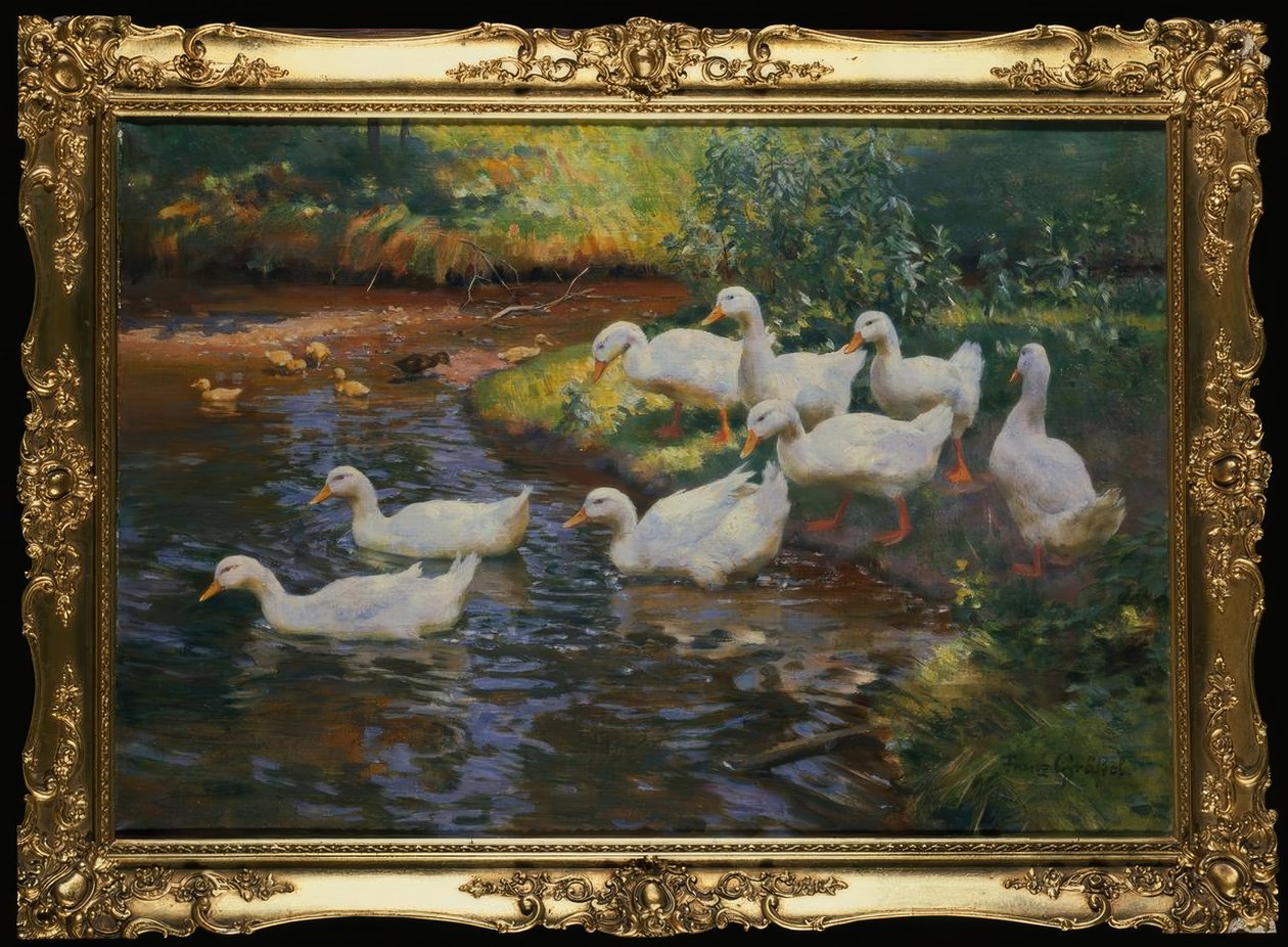 Ankfamilj (änder med kycklingar på bäckbanken) av Franz Grassel