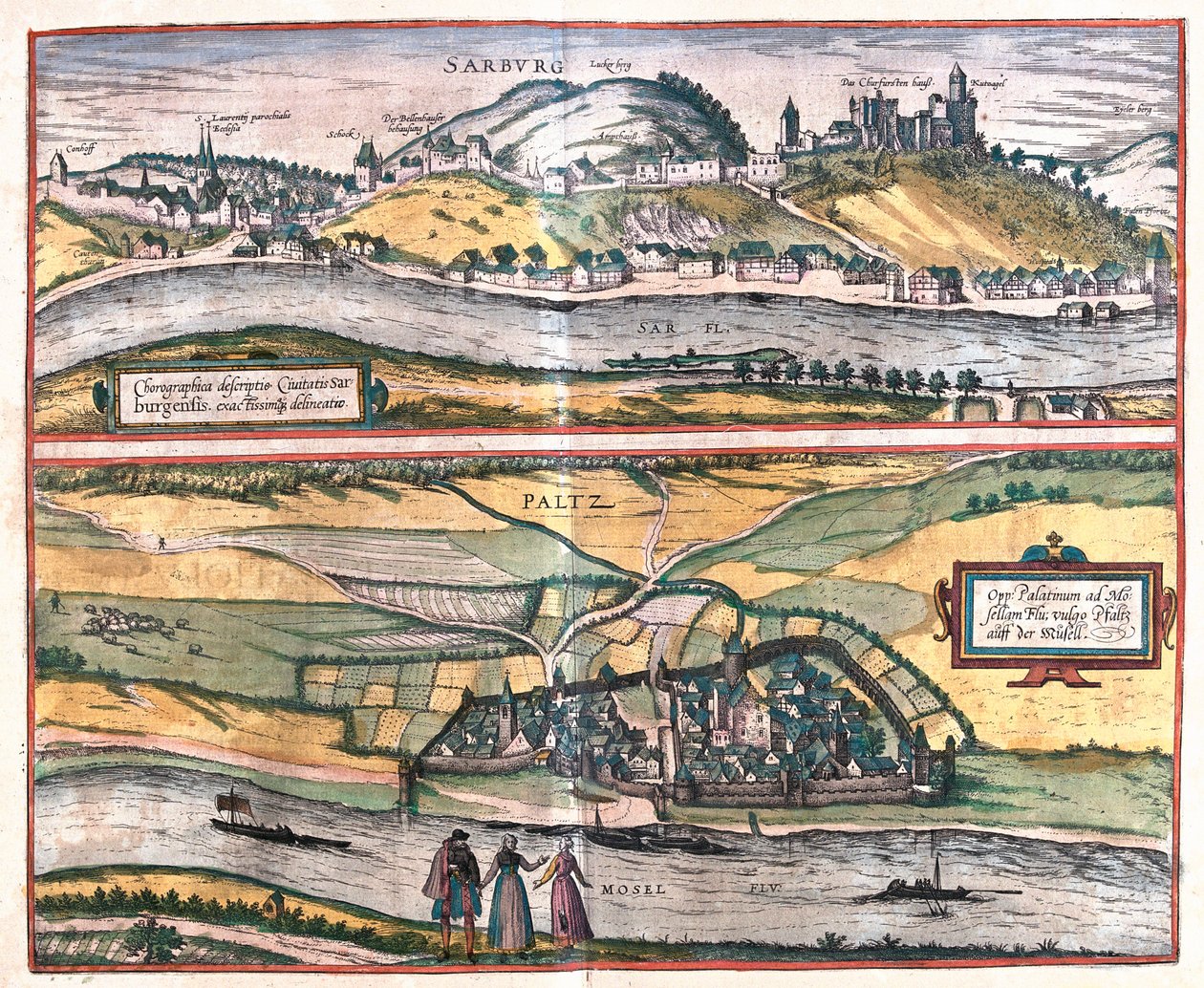 Exakt översikt över staden Saarburg och staden Pfaltz an der Mosel, Tyskland (gravyr av Franz Hogenberg