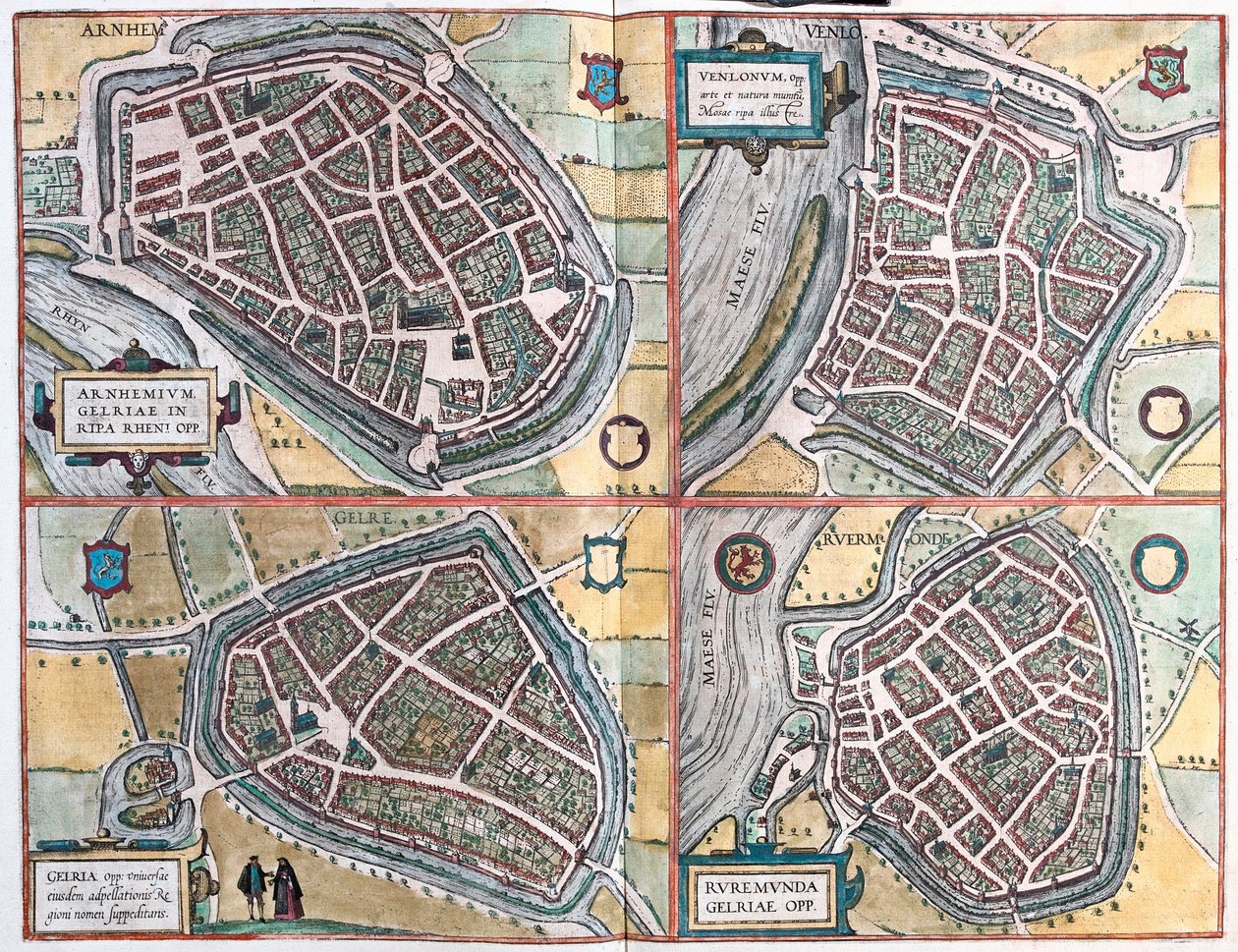 Arnhem och Venlo, Nederländerna - Geldern, Tyskland och Ruermonde, Nederländerna (gravyr av Franz Hogenberg