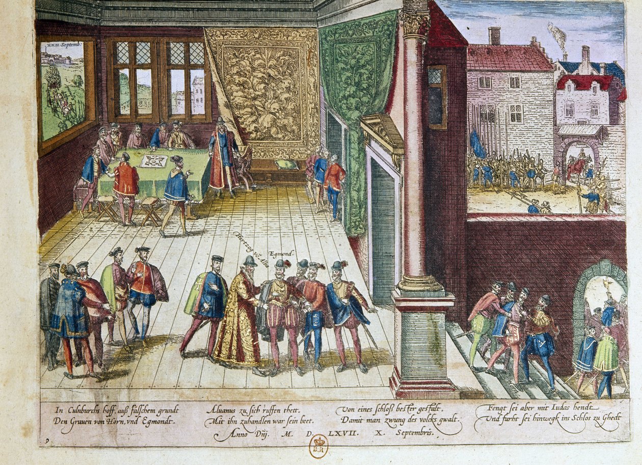 Arrestering av Lamoral, greve av Egmont (1522-1568) och Philippe de Montmorency (1524-1568), greve av Hornes (Hoorn) för deras ställning mot kung Filip II av Spanien (1527-1598). De kommer att utföras 1568 (överst till höger) 1653 Tryck av F av Franz Hogenberg
