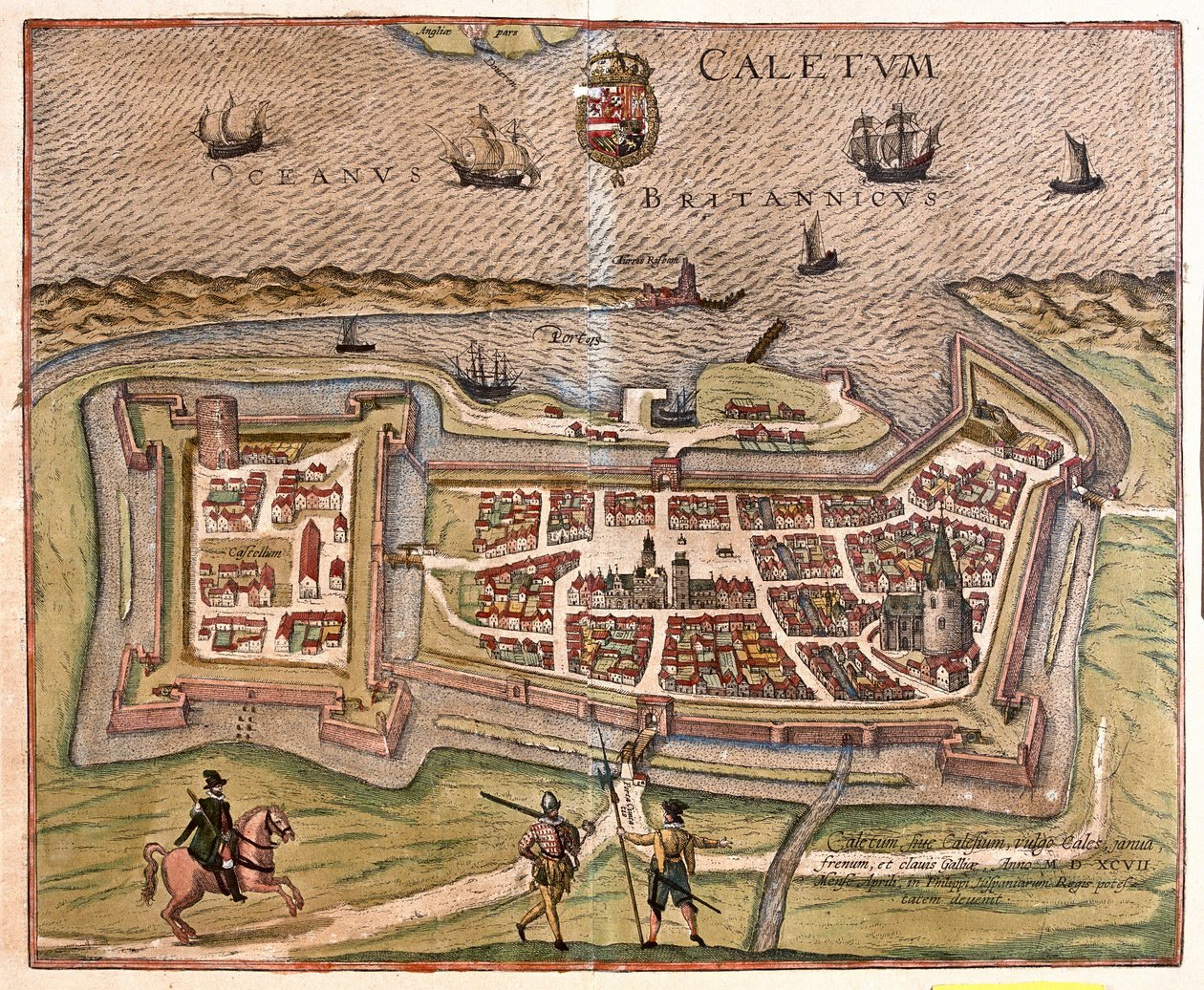 Calais, Frankrike: Frankrikes port, fästning och nyckel kom under den spanske kungen Philips makt 1597 (gravyr av Franz Hogenberg