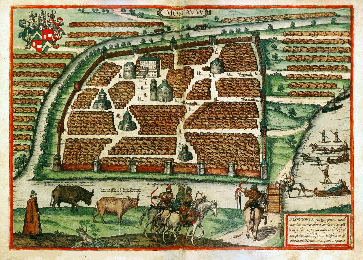 Karta över Moskva (Ryssland) - Verk av Frans Hogenberg (1535-1590), gravyr och akvarell extraherat från Civitates orbis terrarium av Franz Hogenberg
