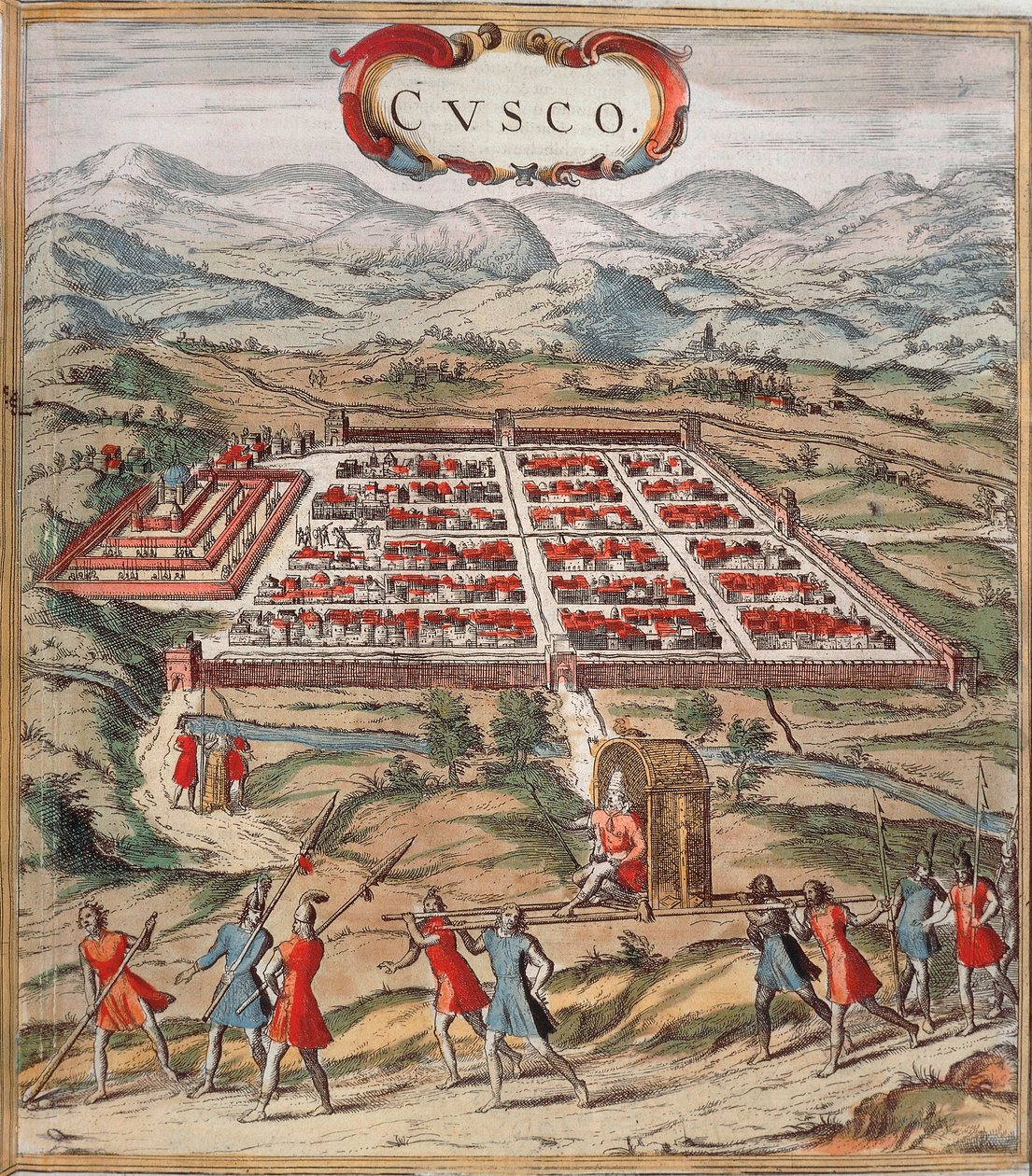 Cuzco, huvudcentrum för inkacivilisationen (dagens Peru) bild från "Civitatis Orbis Terranum" av Braun och Hogenberg av Franz Hogenberg
