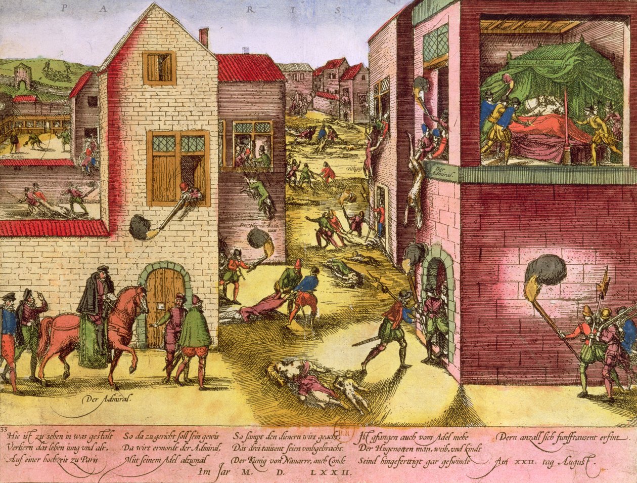 Amiral Gaspard II de Colignys (1519-72) död vid tiden för St. Bartolomeus-massakern 1572 (se 158612 för bw) av Franz Hogenberg