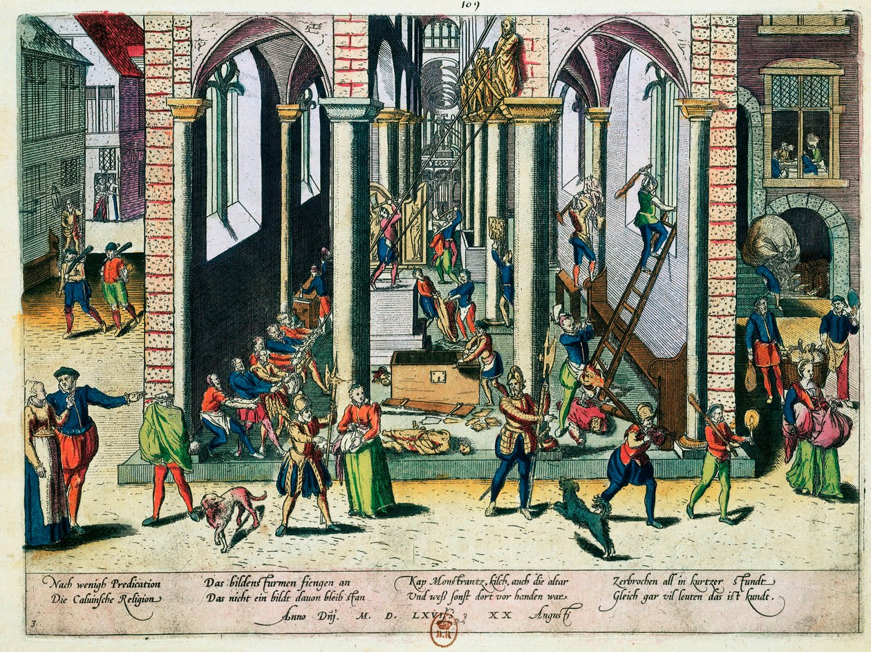 Förstörelse av reliker och statyer i kyrkor, april 1566 (färgad gravyr) av Franz Hogenberg