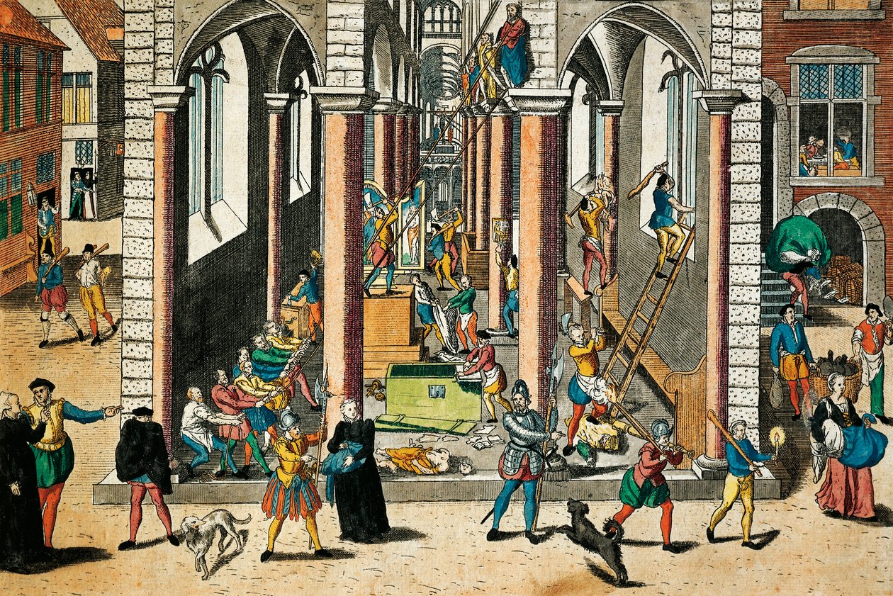 Förstörelse av reliker och statyer i kyrkor, april 1566, gravyr av Franz Hogenberg (1535 - 1590), Religionskrig, Frankrike av Franz Hogenberg