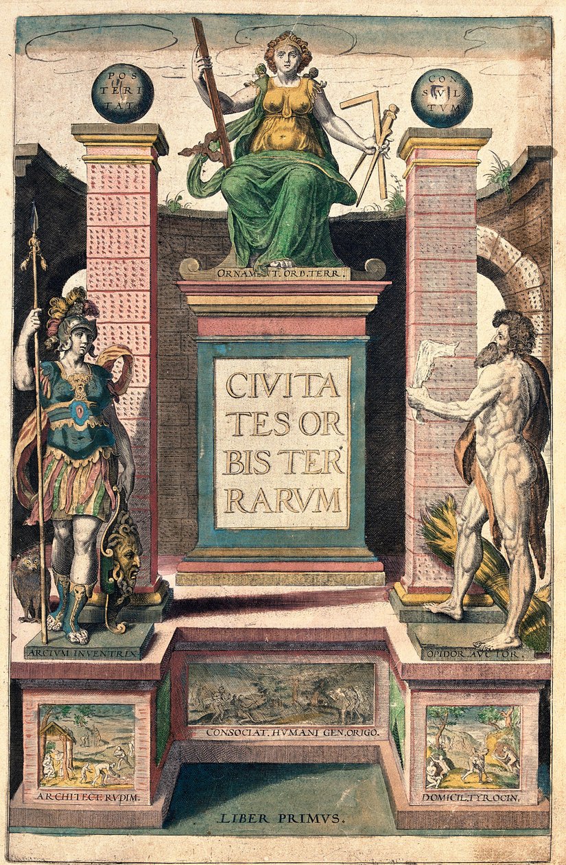 Frontispice av den första volymen: allegory of geography, en kvinna som håller comppas, square och rulle, trunkering ovanför en kvinnlig soldat och en naken man (etsning av Franz Hogenberg