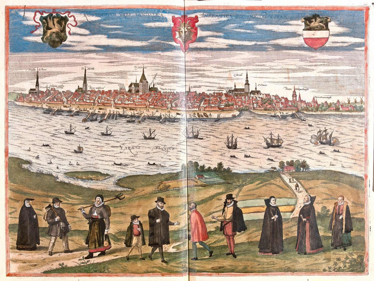 Översikt över Rostock, Tyskland (gravyr av Franz Hogenberg