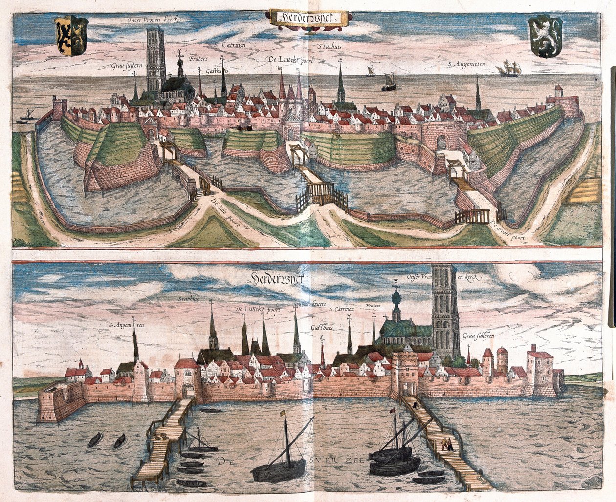 Harderwijk, den lilla hamnen vid Zuiderzee (IJsselmeersjön), Nederländerna (gravyr av Franz Hogenberg