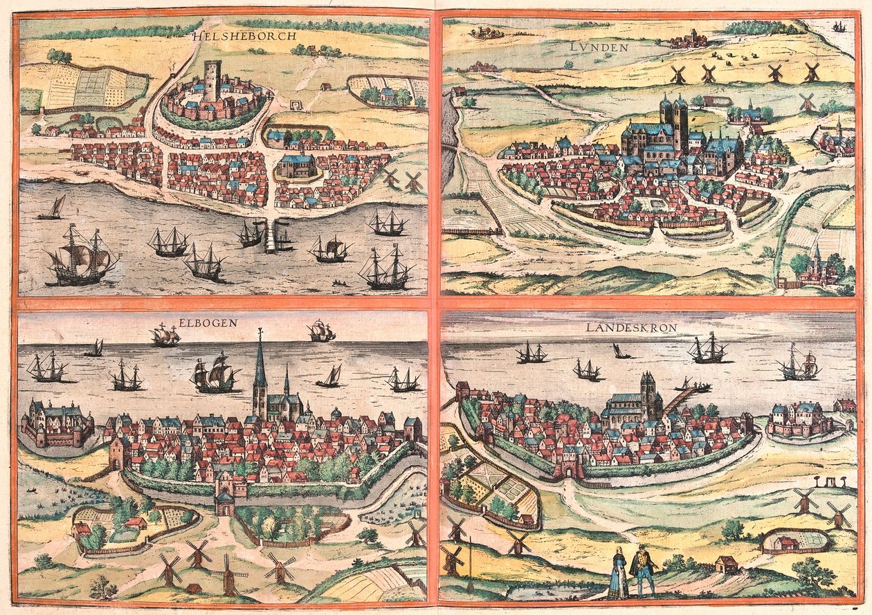 Helsingborg, Lunden, Malmo and Landskrona (Sweden) (engraving av Franz Hogenberg