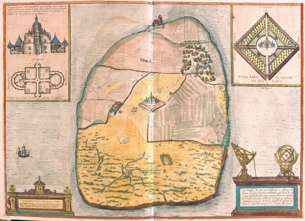 Isle of Ven och Uranienborg, Tycho Brahes palats och observatorium som ligger på denna ö, i Sund (gravyr av Franz Hogenberg