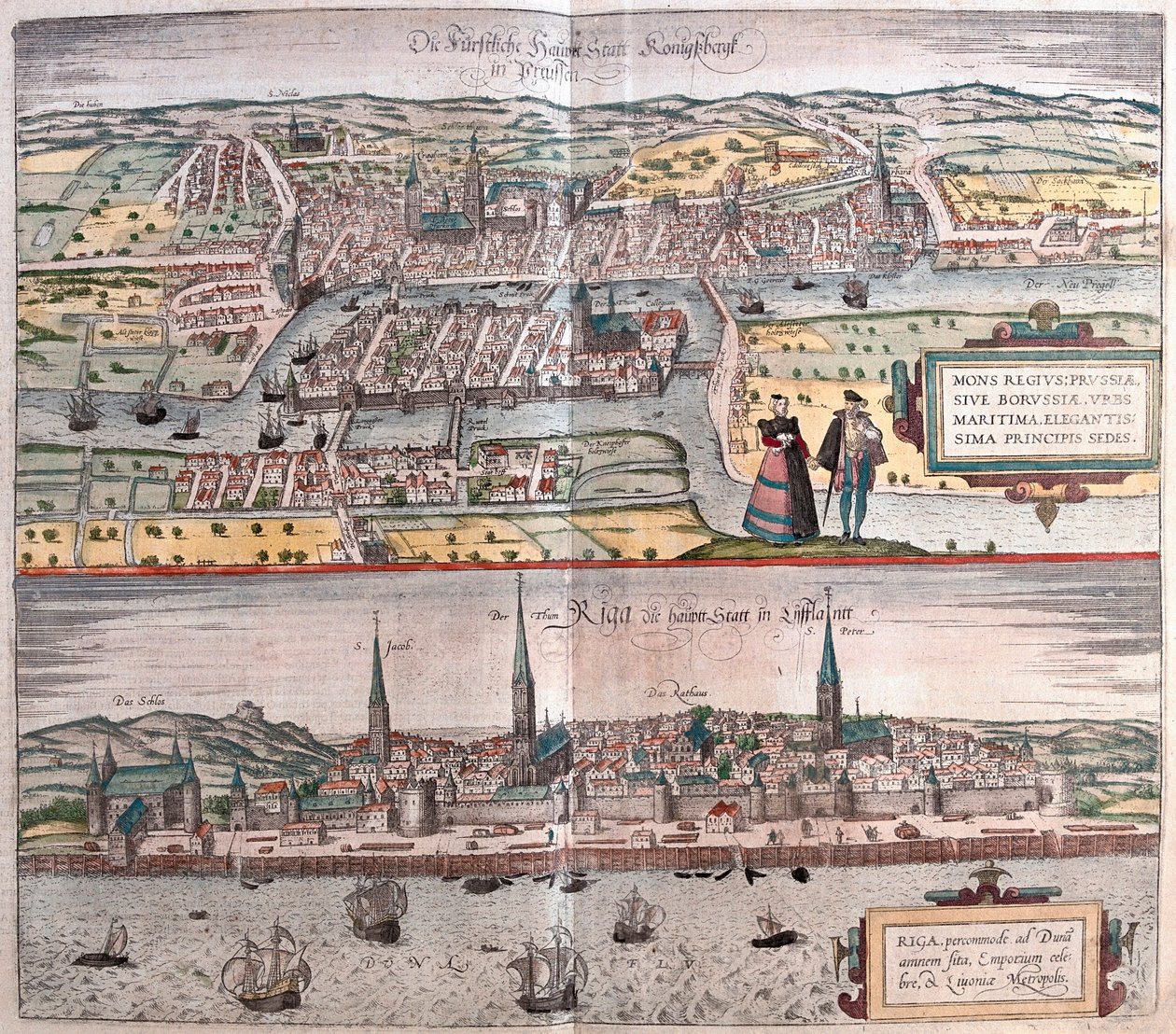Kaliningrad, Ryssland - Riga, Lettland (gravyr av Franz Hogenberg