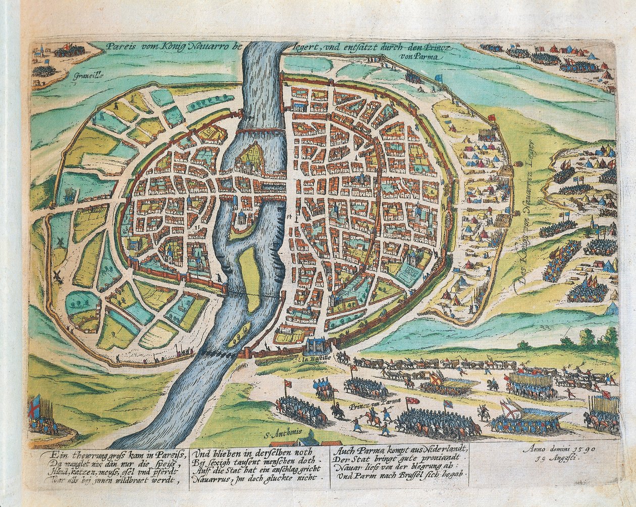 Mfalme Henry wa Navarre akiuzingira Paris, Agosti 1590, na Franz Hogenberg, kwa kuchonga av Franz Hogenberg