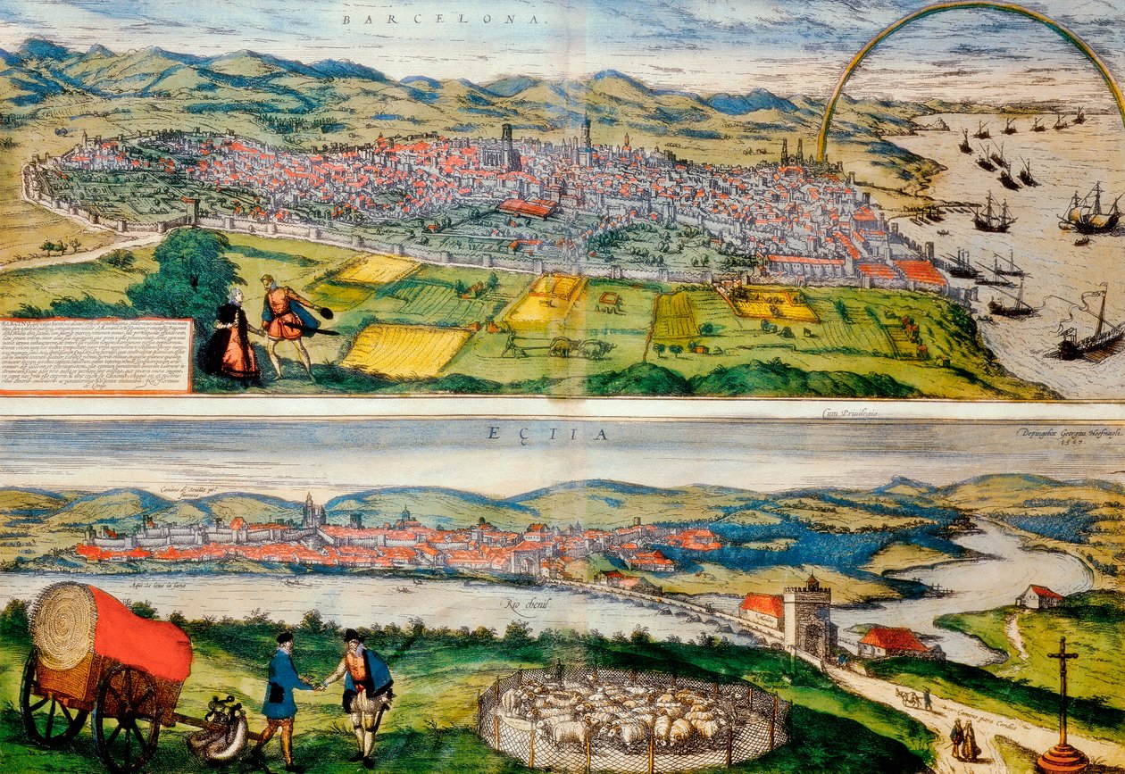 Karta över Barcelona och Ecija från världskarta av Georg Braun av Franz Hogenberg