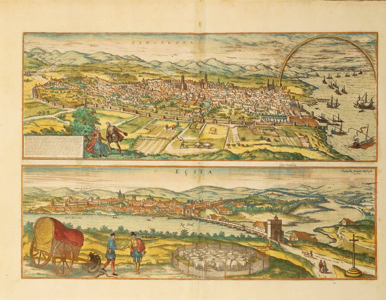 Karta över Barcelona och Ecija från World Cities av Georg Braun av Franz Hogenberg