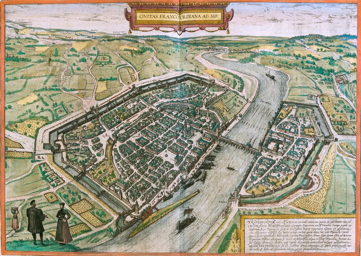 Karta över Frankfurt (Francofordia), Tyskland (etsning av Franz Hogenberg