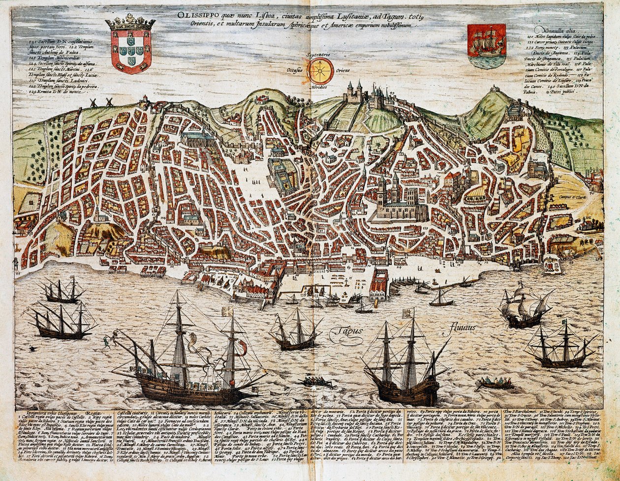 Karta över Lissabon - Portugal (gravyr av Franz Hogenberg