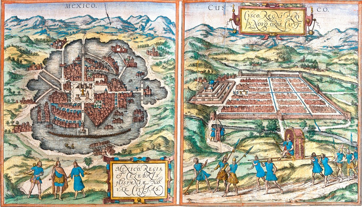 Karta över Mexiko (Mexiko) och Cuzco (Cusco) (Peru) (etsning av Franz Hogenberg