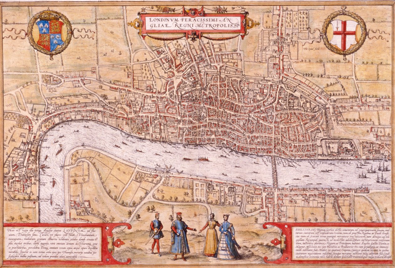 Karta över London City, Southwark och en del av Westminster, 1572 av Franz Hogenberg