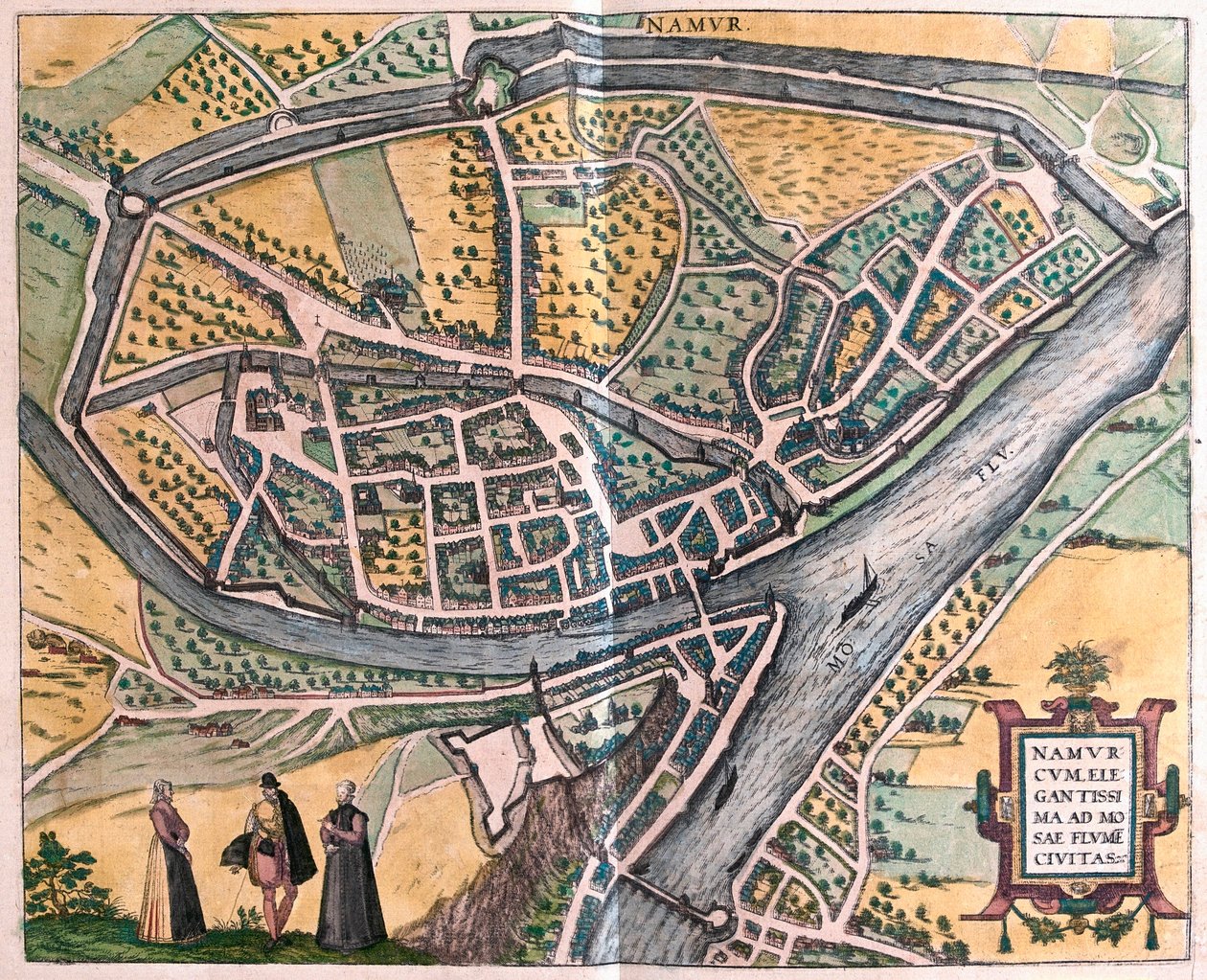 Namur och floden Meuse, Belgien (gravyr av Franz Hogenberg