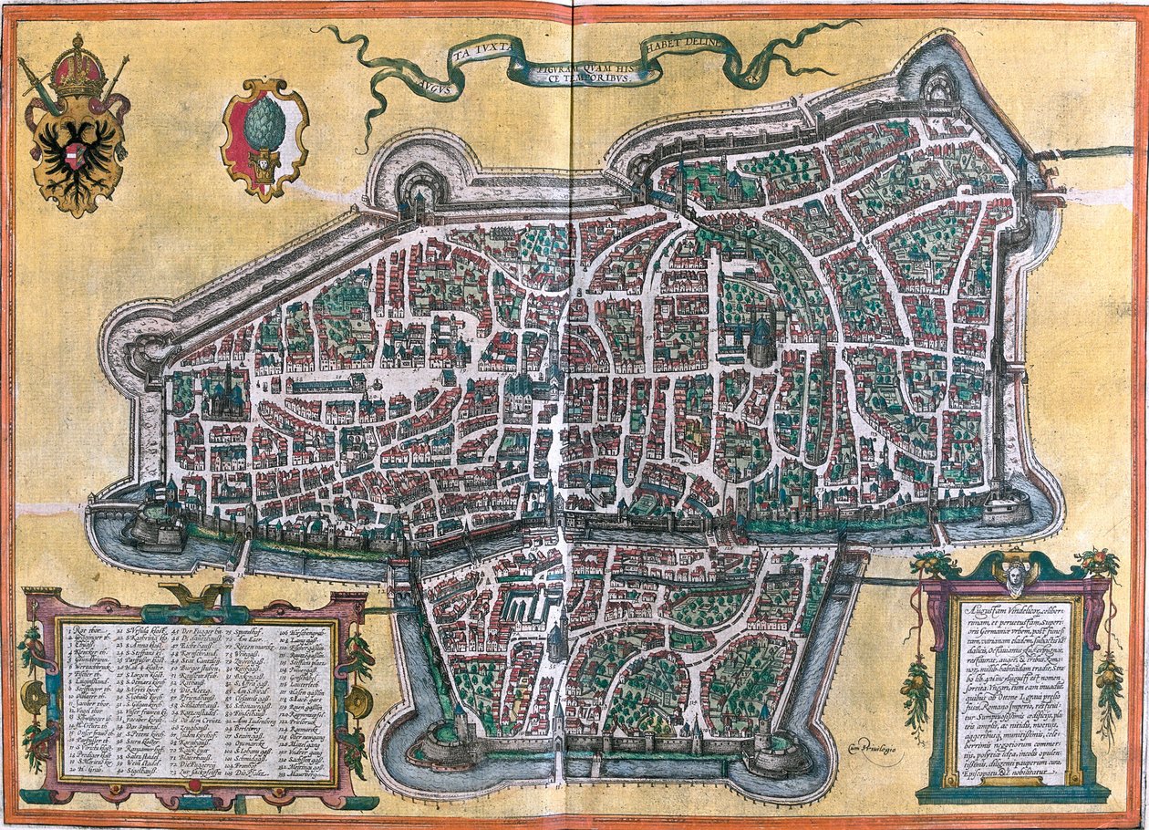 Plan av Augsburg (Augusta Vindelicorum), Tyskland (etsning av Franz Hogenberg