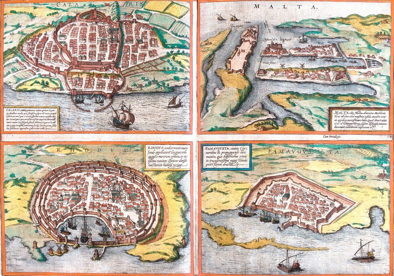 Plan av Cagliari (Calaris), Sardinien (Italien), Malta (Malta), Rhodos (Rhodes) och Famagusta (Famaugusta), Cypern (etsning av Franz Hogenberg