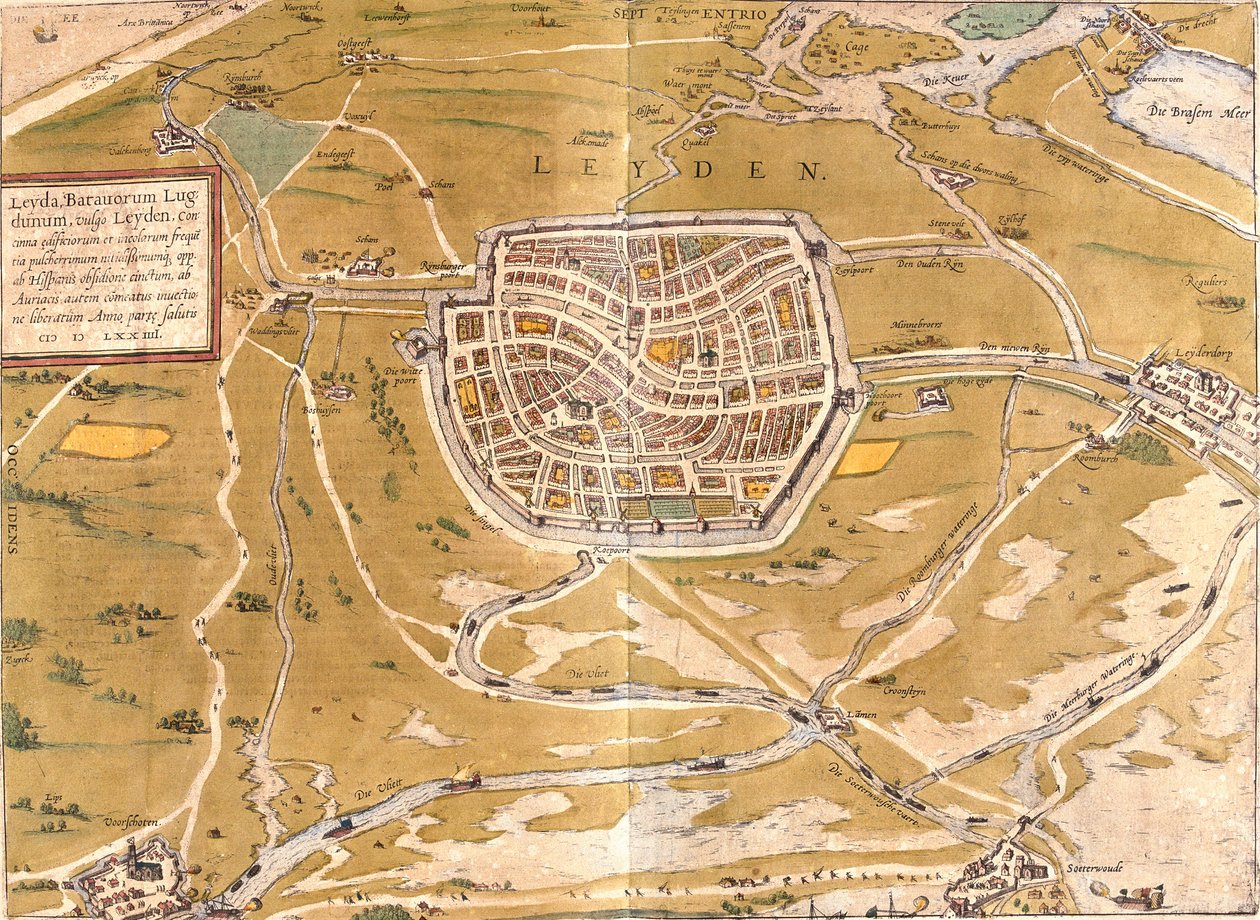 Plan över Leiden (Leyden), Nederländerna (etsning av Franz Hogenberg