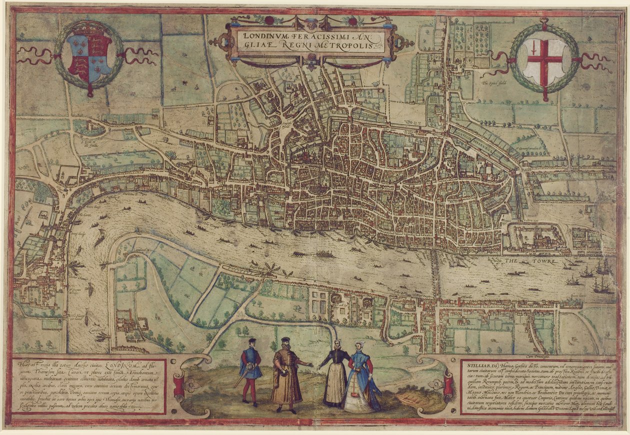 Plan över London från "Civitates Orbis Terrarum", vol. 1, 1572 (färggravyr på papper) av Franz Hogenberg