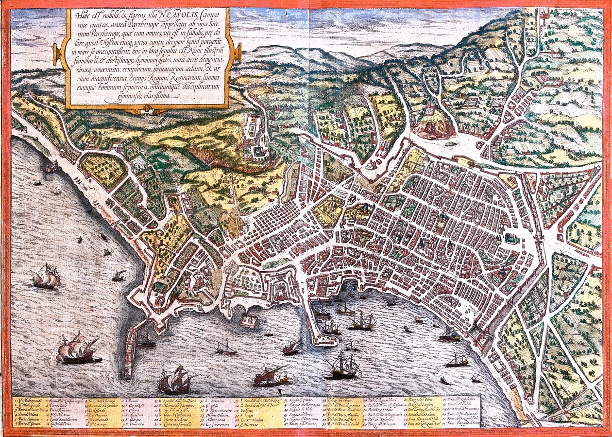 Plan av Neapel (Neapolis), Italien (etsning av Franz Hogenberg