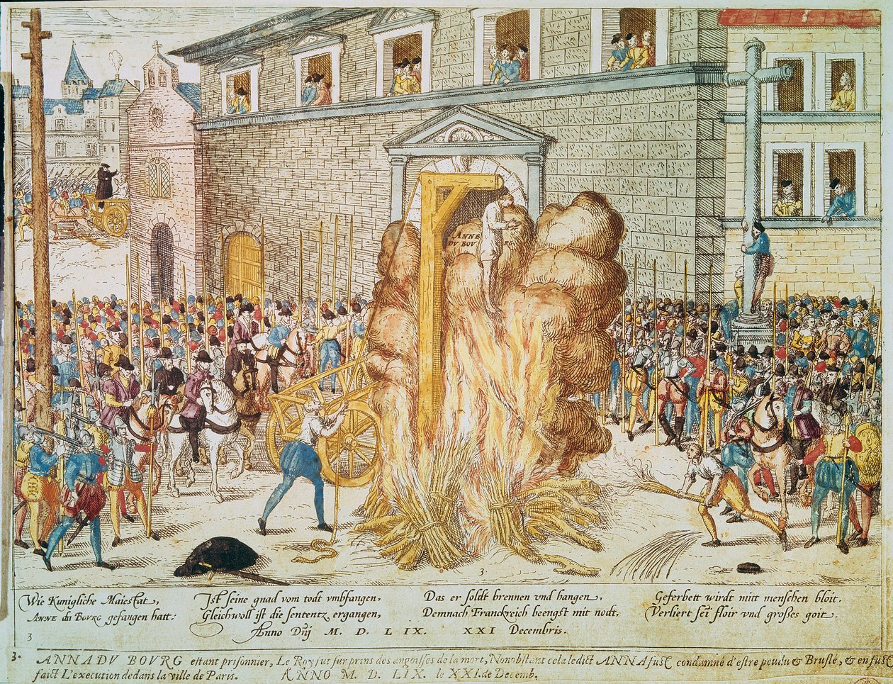 Religiöst krig: avrättning av den franska protestantiska magistraten Anne du Bourg (1521-1559) den 23/12/1559 på Place de Greve i Paris” av Franz Hogenberg