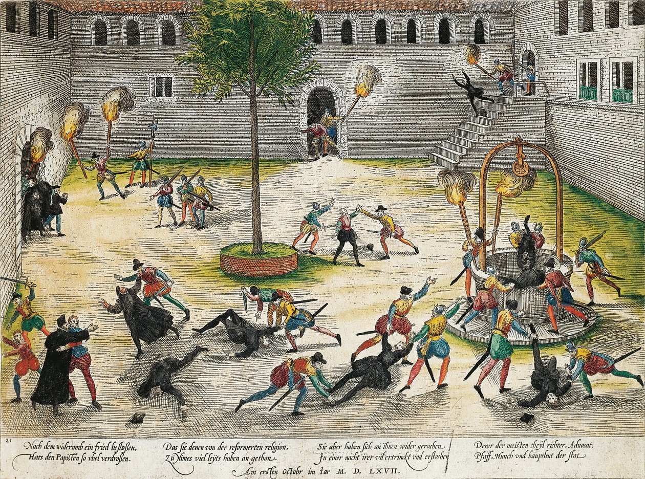 Reformerades vedergällning mot kyrkligheterna i Nimes, oktober 1567, gravyr av Franz Hogenberg (1535 till 1590), religionskrig, Frankrike av Franz Hogenberg