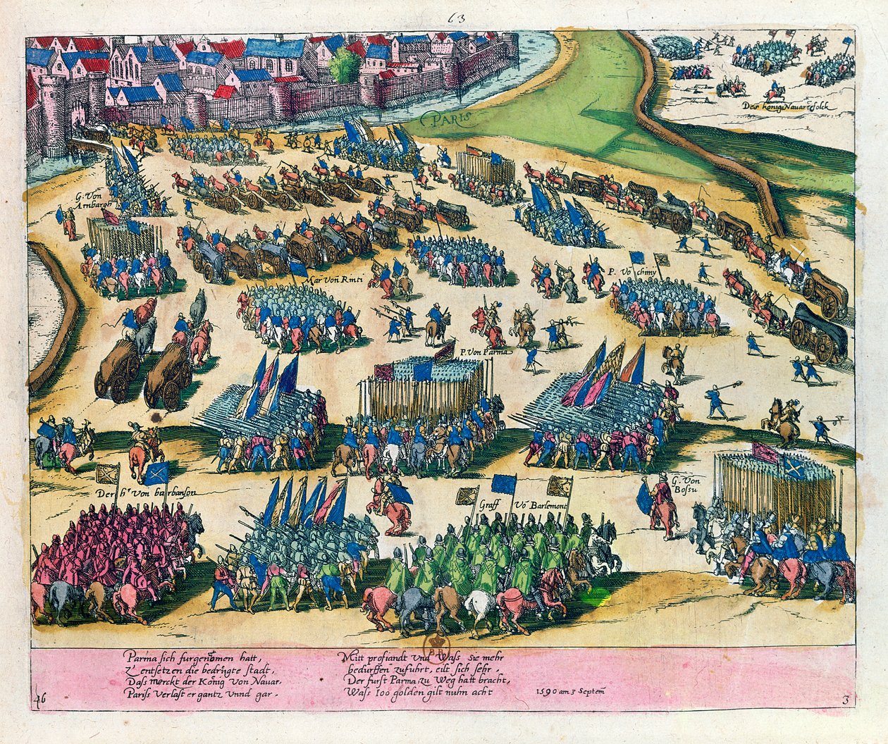 Hertigen av Parma befriar Paris från belägring av Henri IV:s styrkor 1590. av Franz Hogenberg