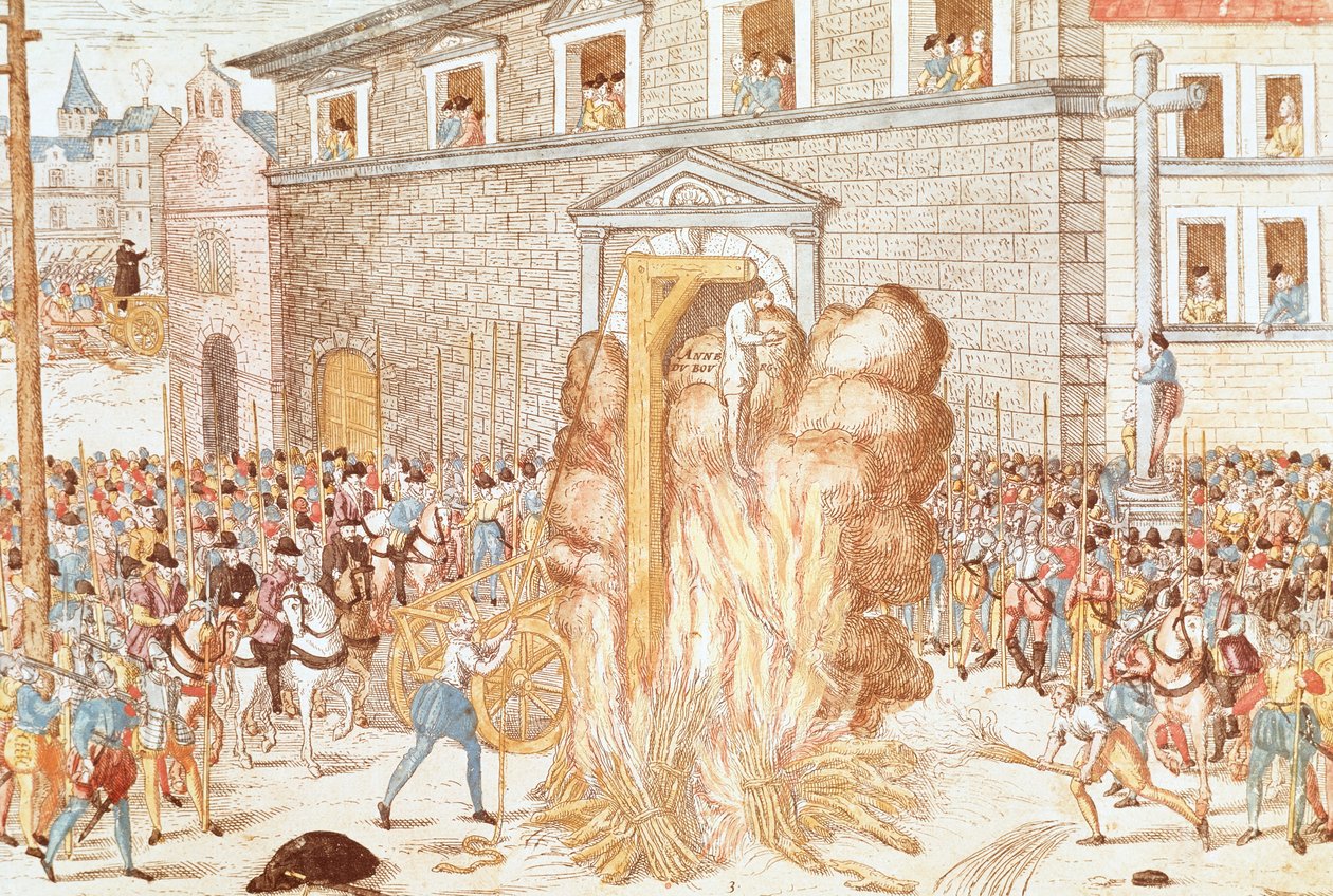 Avrättningen av magistraten Anne du Bourg dömd till hängning för att följas av bränning av liket, 23 december av Franz Hogenberg