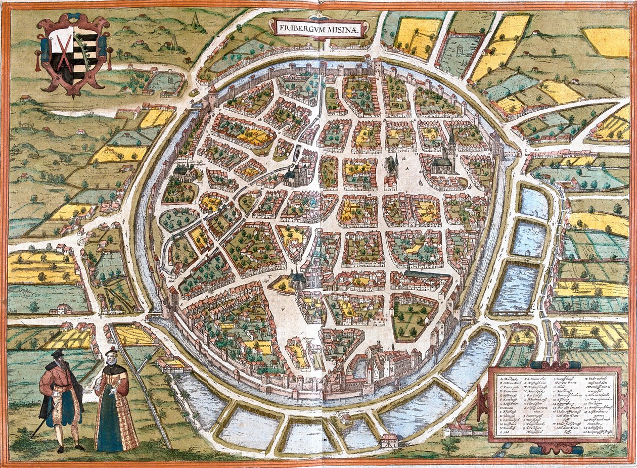 Stadskarta över Freiberg (Fribergum Misinae), Tyskland (etsning av Franz Hogenberg